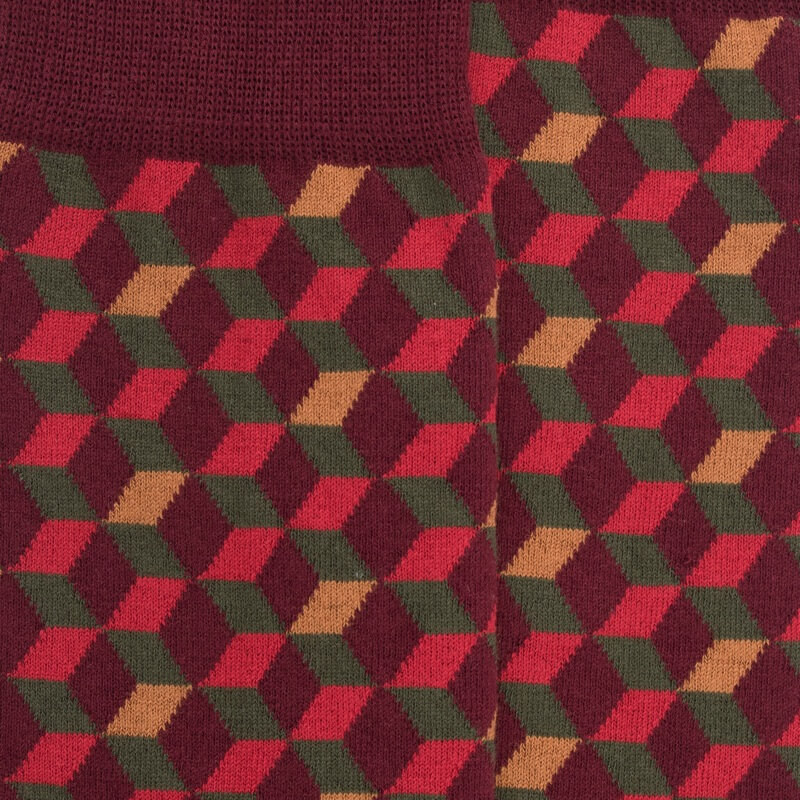 Chaussettes en coton égyptien pour hommes avec motifs de cubes en 3D - Aubergine | Doré Doré