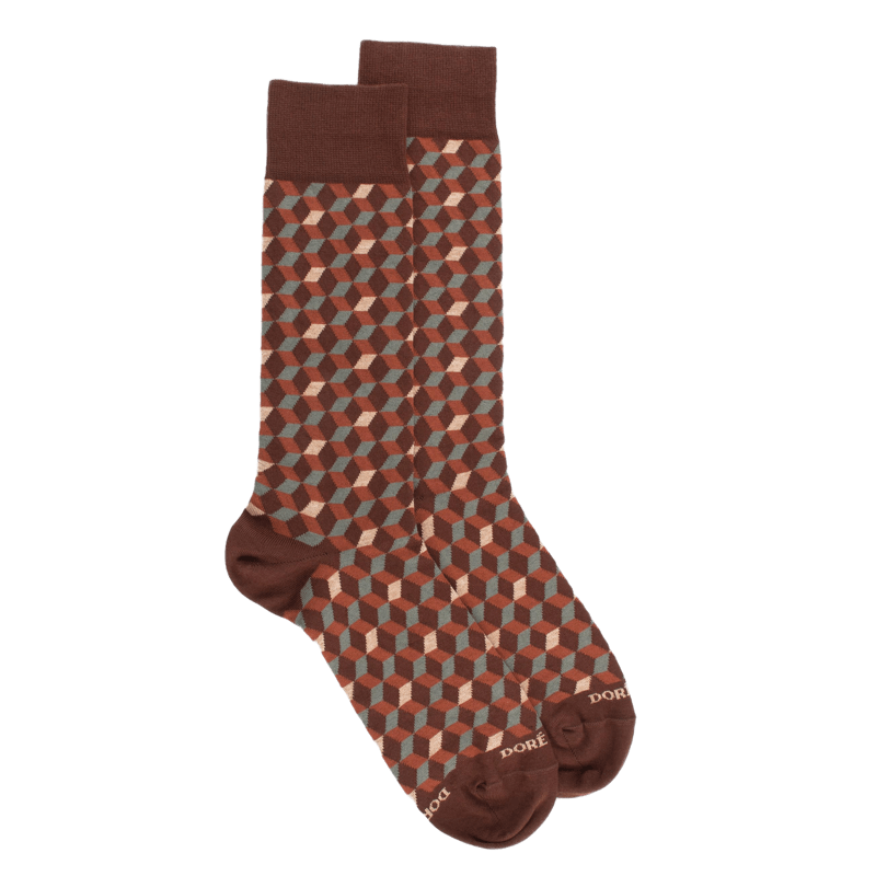 Chaussettes en coton égyptien pour hommes avec motifs de cubes en 3D - Marron cacao | Doré Doré