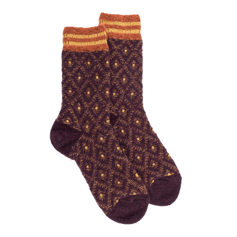 Chaussettes pour femmes en laine polaire à motifs de diamants - Bordeaux | Doré Doré