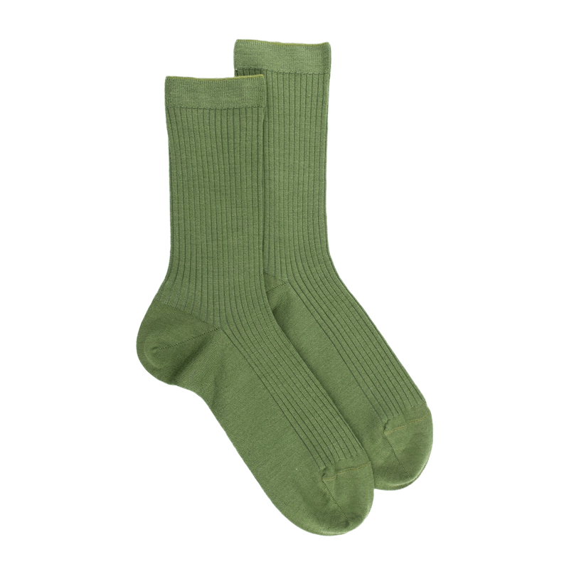 Chaussettes en laine unie côtelée pour femmes - Vert Campagne | Doré Doré
