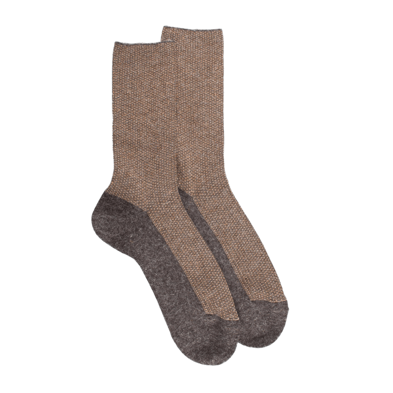 Chaussettes femme en laine et angora sans bord élastique effet brillant - Brun fourmi & Camel | Doré Doré