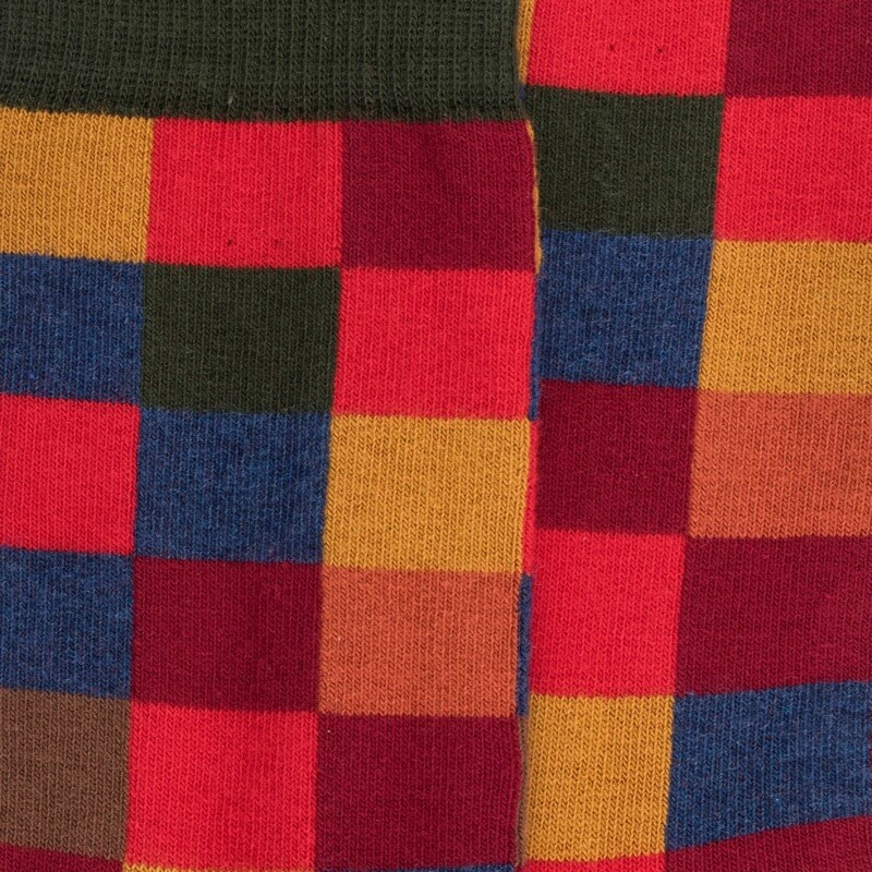 Chaussettes enfant échiquier en coton - Rouge Ponceau & Vert thé | Doré Doré