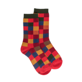 Chaussettes enfant échiquier en coton - Rouge Ponceau & Vert thé | Doré Doré
