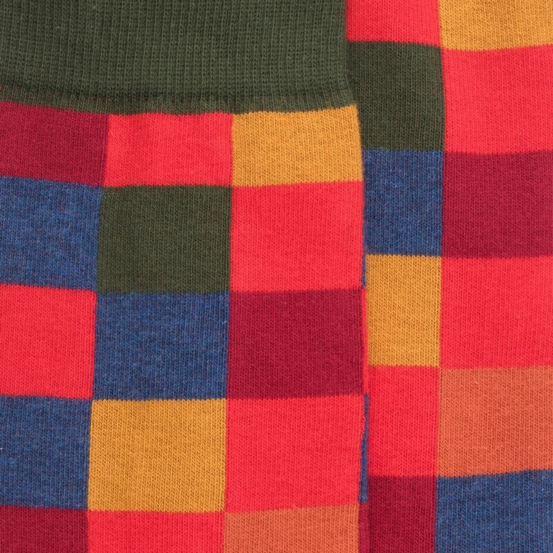 Chaussettes homme échiquier en coton - Rouge Ponceau & Vert thé | Doré Doré