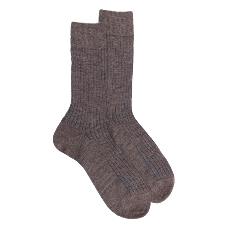 Chaussettes côtelé bicolores homme en laine et coton doux - Brun loutre & Bleu | Doré Doré