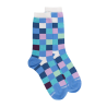 Chaussettes femme échiqiuer en coton égyptien - Bleu Myosotis & Blanc Givre