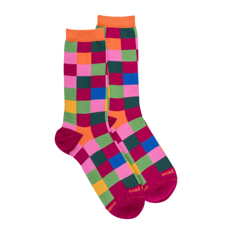 Chaussettes femme échiqiuer en coton égyptien - Rose Flamboyant & Oranger | Doré Doré