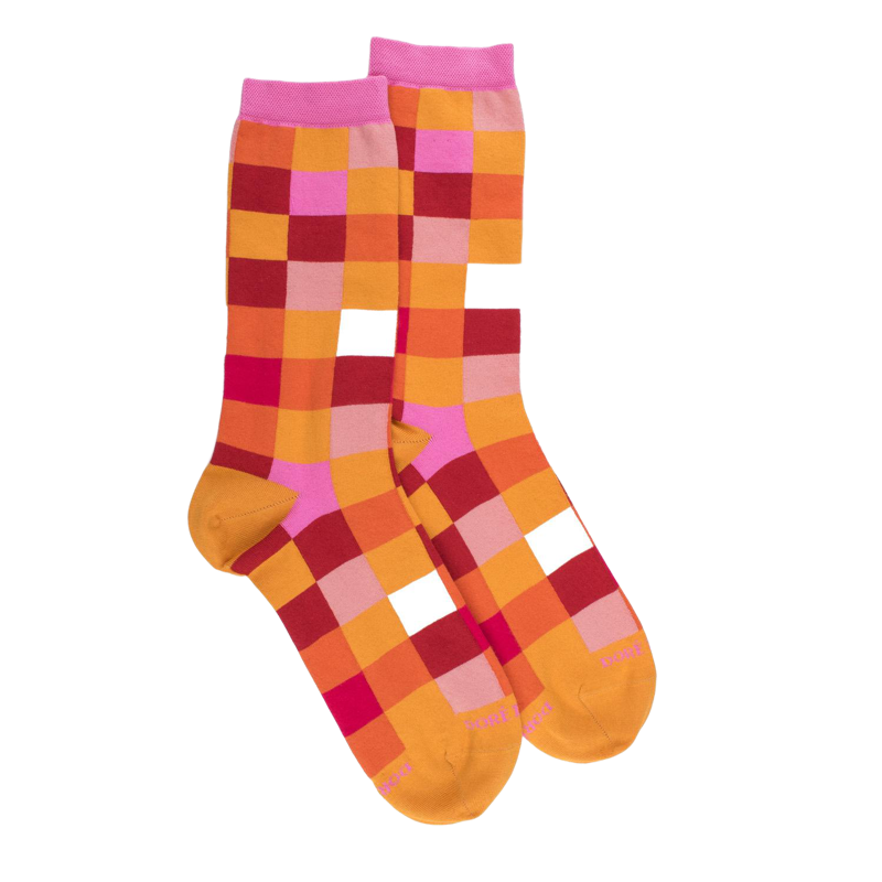 Chaussettes femme échiqiuer en coton égyptien - Maïs & Rose coulis | Doré Doré