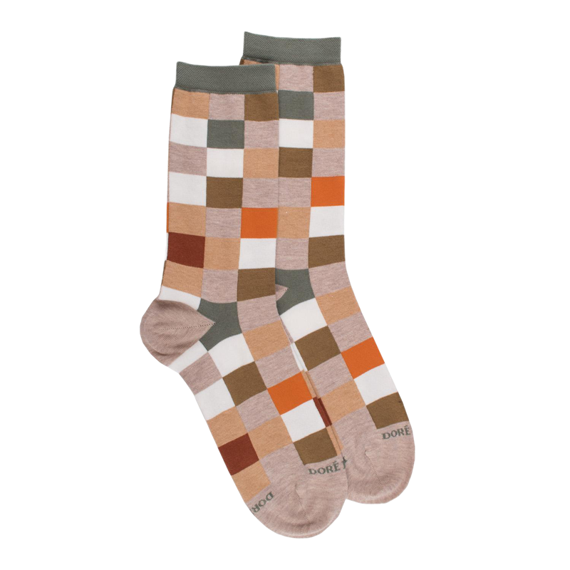 Chaussettes femme échiqiuer en coton égyptien - Beige Sahara & Cameleon | Doré Doré