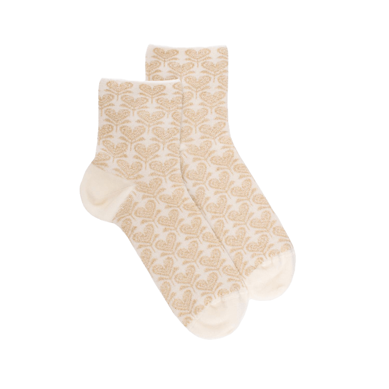 Socquettes pour femmes en fil d'Ecosse avec motifs de fleurs en forme de cœur avec effet scintillant. - Écru | Doré Doré