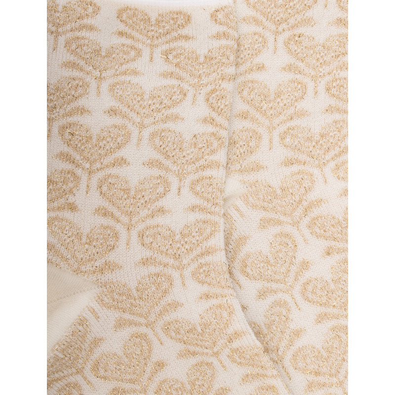 Socquettes pour femmes en fil d'Ecosse avec motifs de fleurs en forme de cœur avec effet scintillant. - Écru | Doré Doré
