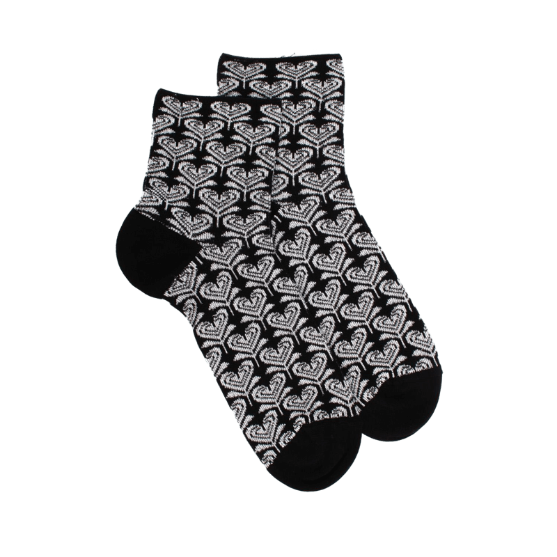 Socquettes pour femmes en fil d'Ecosse avec motifs de fleurs en forme de cœur avec effet scintillant. - Noir | Doré Doré