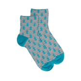 Socquettes pour femmes en fil d'Ecosse avec motifs de fleurs en forme de cœur avec effet scintillant. - Bleu | Doré Doré