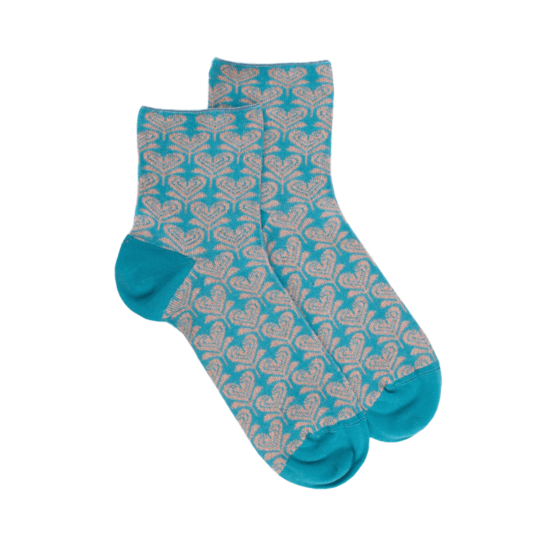 Socquettes pour femmes en fil d'Ecosse avec motifs de fleurs en forme de cœur avec effet scintillant. - Bleu | Doré Doré