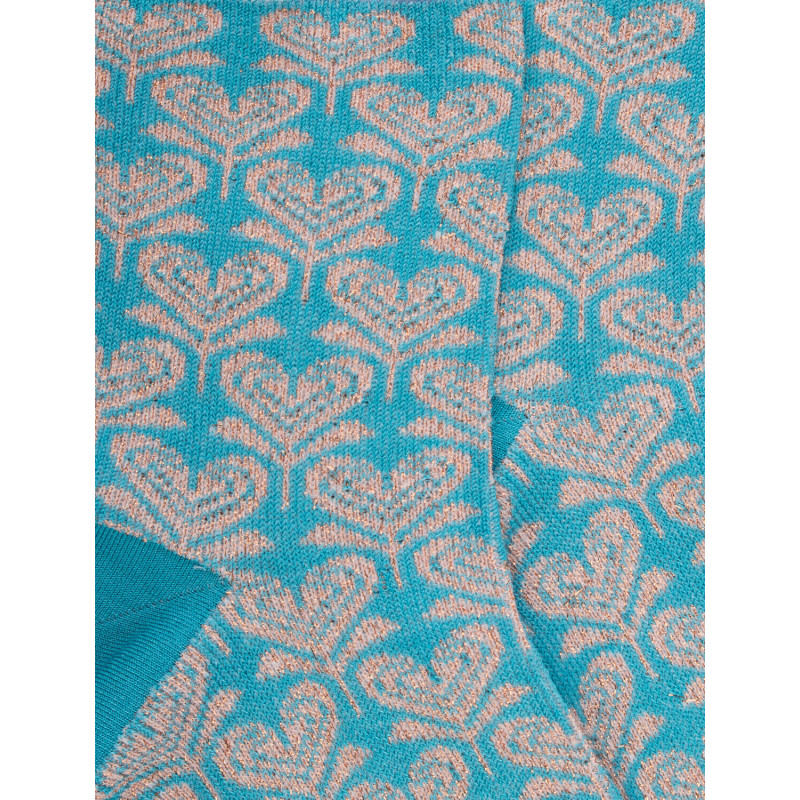 Socquettes pour femmes en fil d'Ecosse avec motifs de fleurs en forme de cœur avec effet scintillant. - Bleu | Doré Doré
