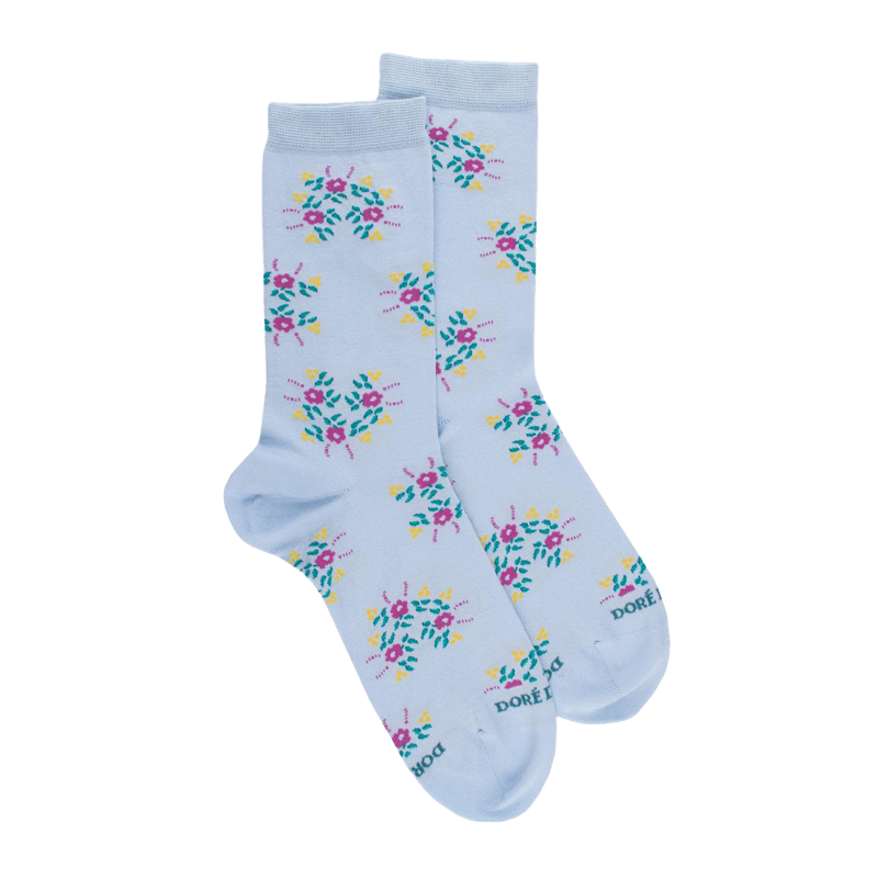 Chaussettes pour femmes en fil d'Ecosse à motifs floraux - Bleu Vague | Doré Doré