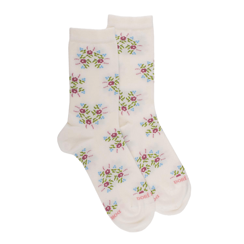 Chaussettes pour femmes en fil d'Ecosse à motifs floraux - Blanc Givre | Doré Doré