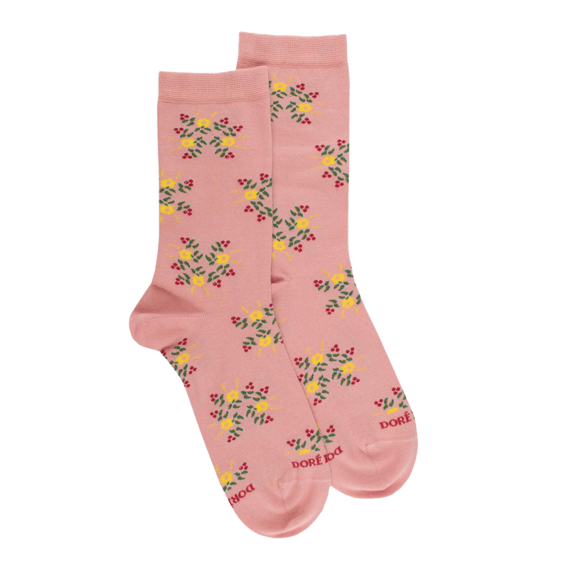 Chaussettes pour femmes en fil d'Ecosse à motifs floraux - Rose Praline | Doré Doré