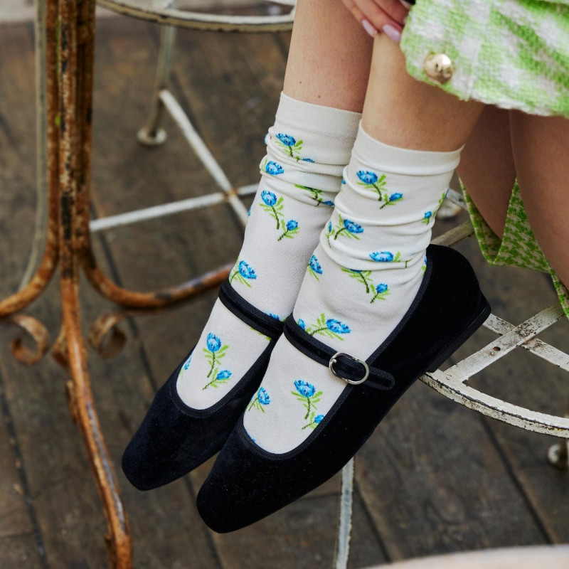 Chaussettes femme en fil d'Écosse à motifs fleurs - Blanc Givre | Doré Doré