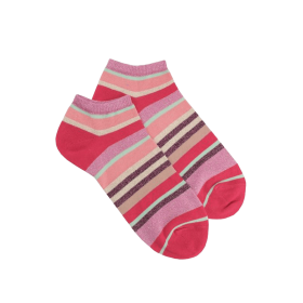 Socquettes femme à rayures en coton avec effet brillant - Rouge Cerise & Rose Pétale | Doré Doré