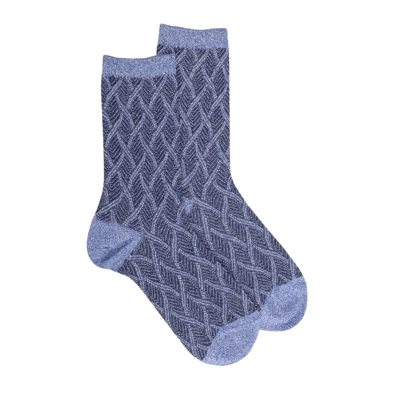 Chaussettes femme en coton et laine à motif entrelacés effet brillant - Bleu Croisette | Doré Doré