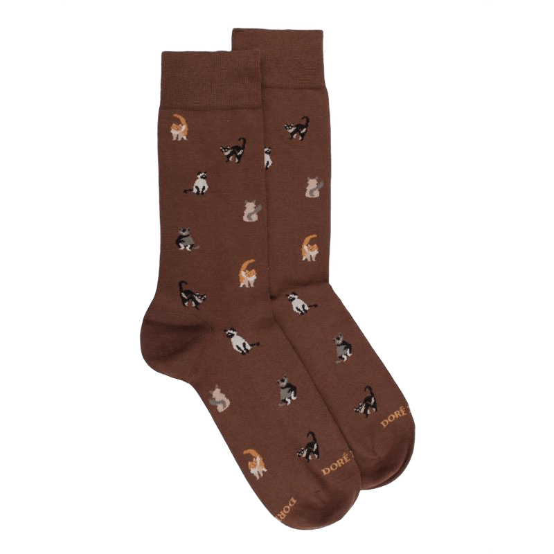 Chaussettes homme en coton à motif chats - Marron cacao | Doré Doré