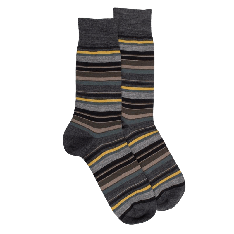 Chaussettes rayures fines multicolores en laine mérinos - Gris étain & gris anthracite | Doré Doré