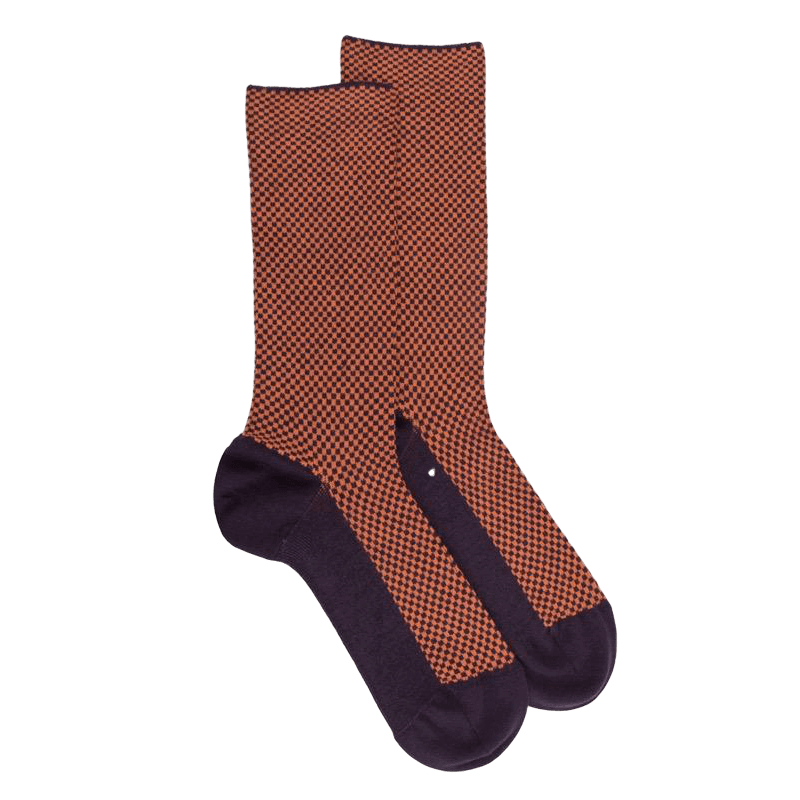 Chaussettes homme en laine sans bord élastique à motif géométrique - Violet mûrier & orange cognac | Doré Doré