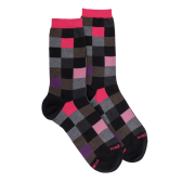 Chaussettes femme échiqiuer en coton égyptien - Noir & rouge cerise | Doré Doré