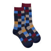 Chaussettes enfant échiquier en coton - Bleu & violet amarante | Doré Doré