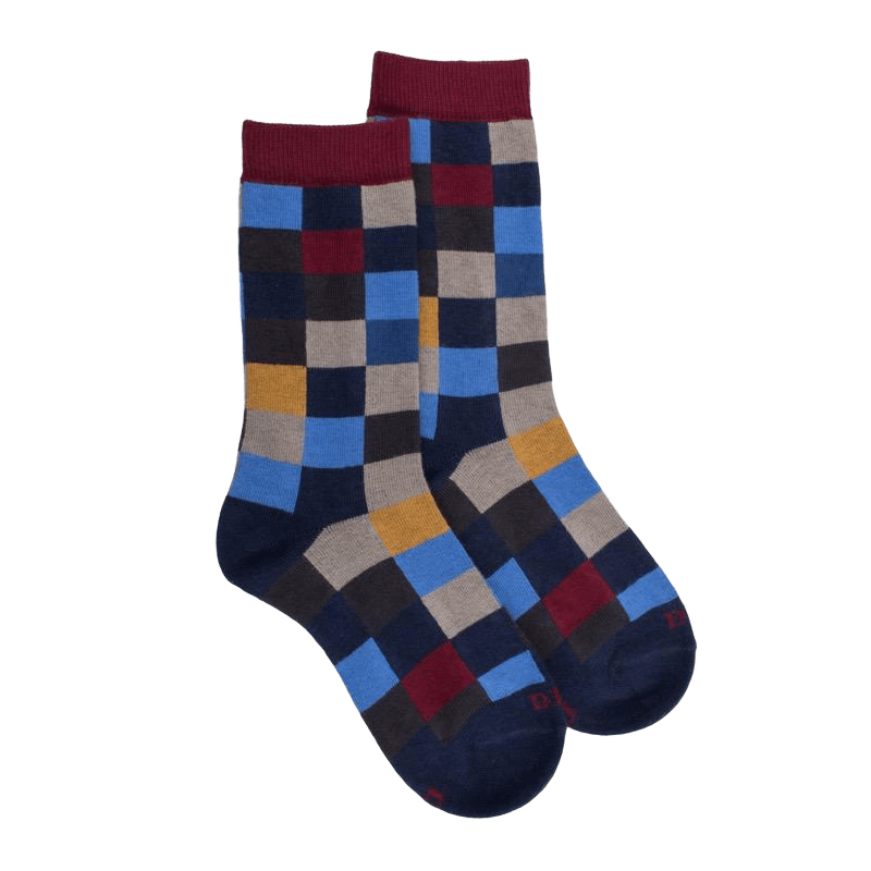 Chaussettes enfant échiquier en coton - Bleu & violet amarante | Doré Doré