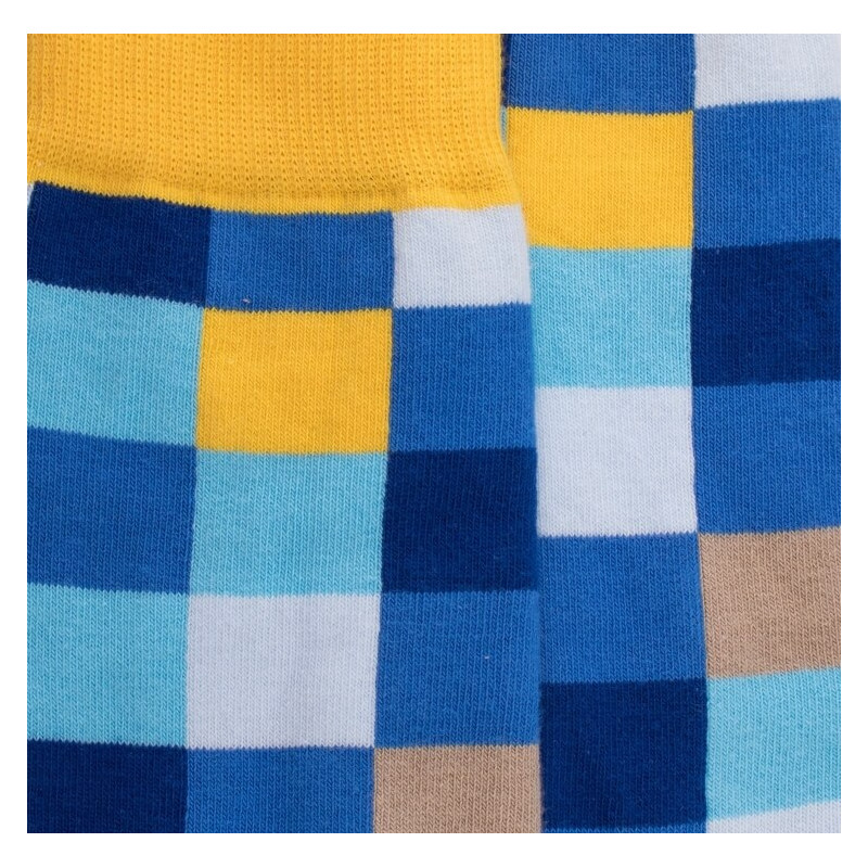 Chaussettes homme échiquier en coton égyptien - Bleu Bassin & Jaune Papaye | Doré Doré