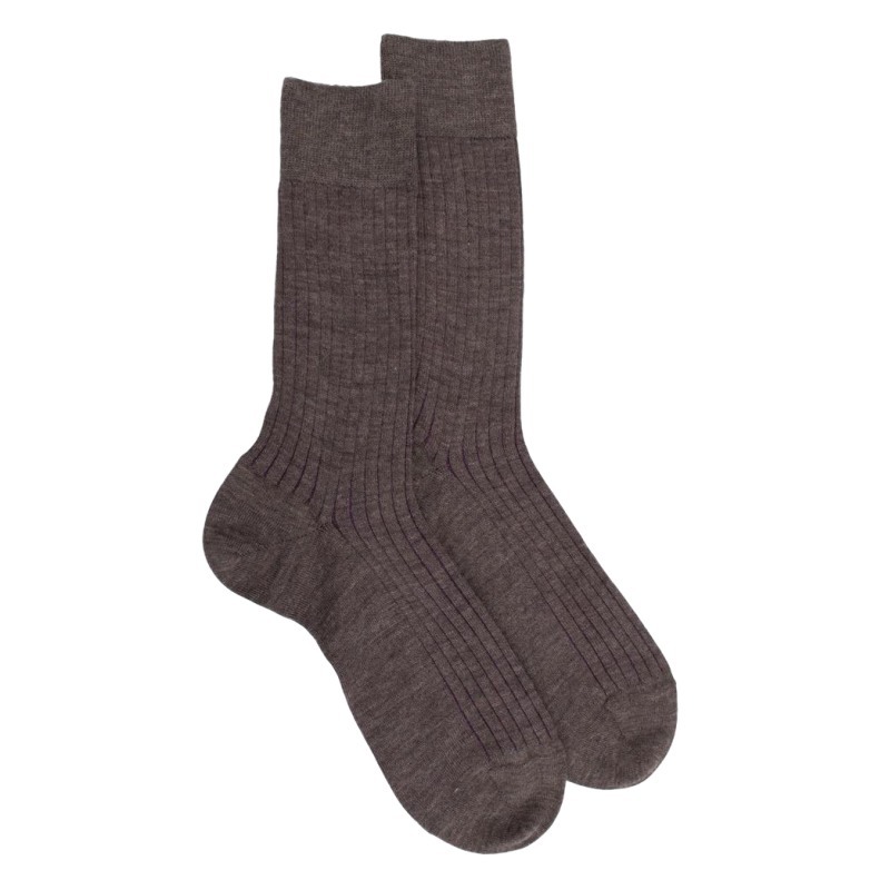 Chaussettes côtelé bicolores homme en laine et coton doux - Brun loutre & quetsche | Doré Doré