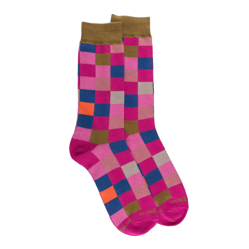 Chaussettes homme échiquier en coton - Rose Flamboyant & Vert pistache | Doré Doré